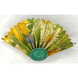 Folding Fan Lapel Pin Floral Design Carved Stone Wire Fashion Brooch Unique